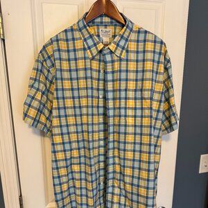 Men's LL Bean Short-Sleeve Button Up Shirt in Blue/Yellow Check, size XXL Tall